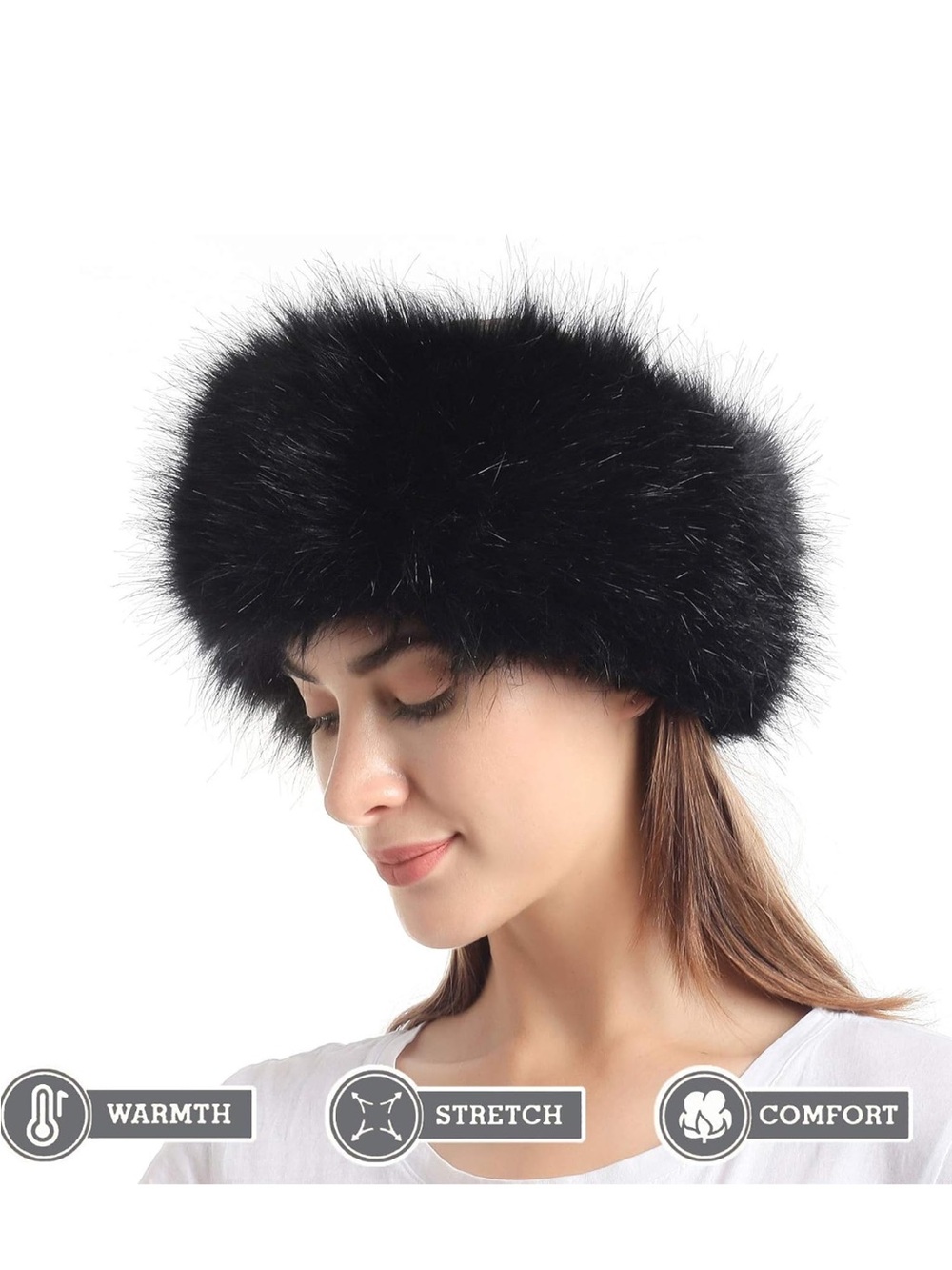 Black Faux Fur Headband for Women - Plush Winter Hair Accessory